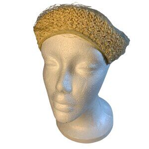 Vintage Womens Cream Woven Hat 22" With Decorative Hat Pin